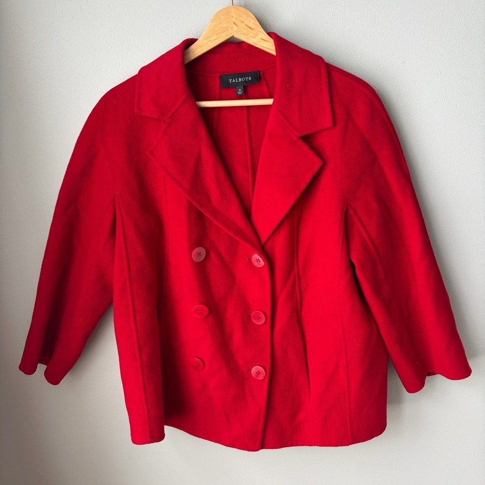 Talbots Red Wool Blend Cropped Pea Coat Womens Jacket Blazer 3/4 sleeves SZ 12